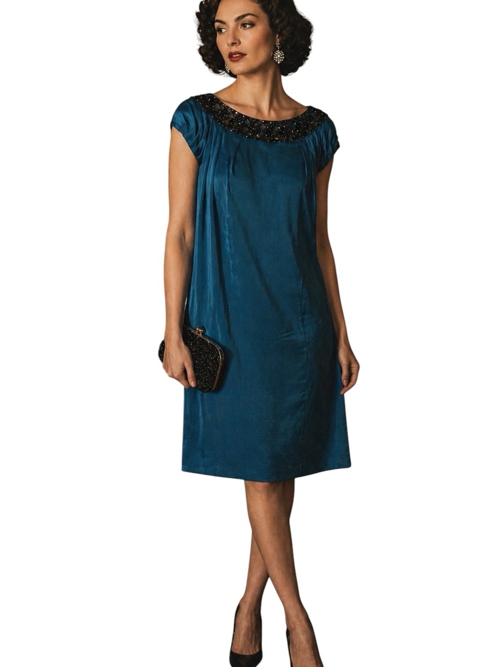 Marchesa Notte Teal Beaded Neck Dress Size 12 Midi Formal Event Retro Party